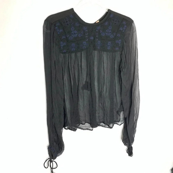 Free People Sheer black embroidered Top Size S/P - Picture 2 of 8